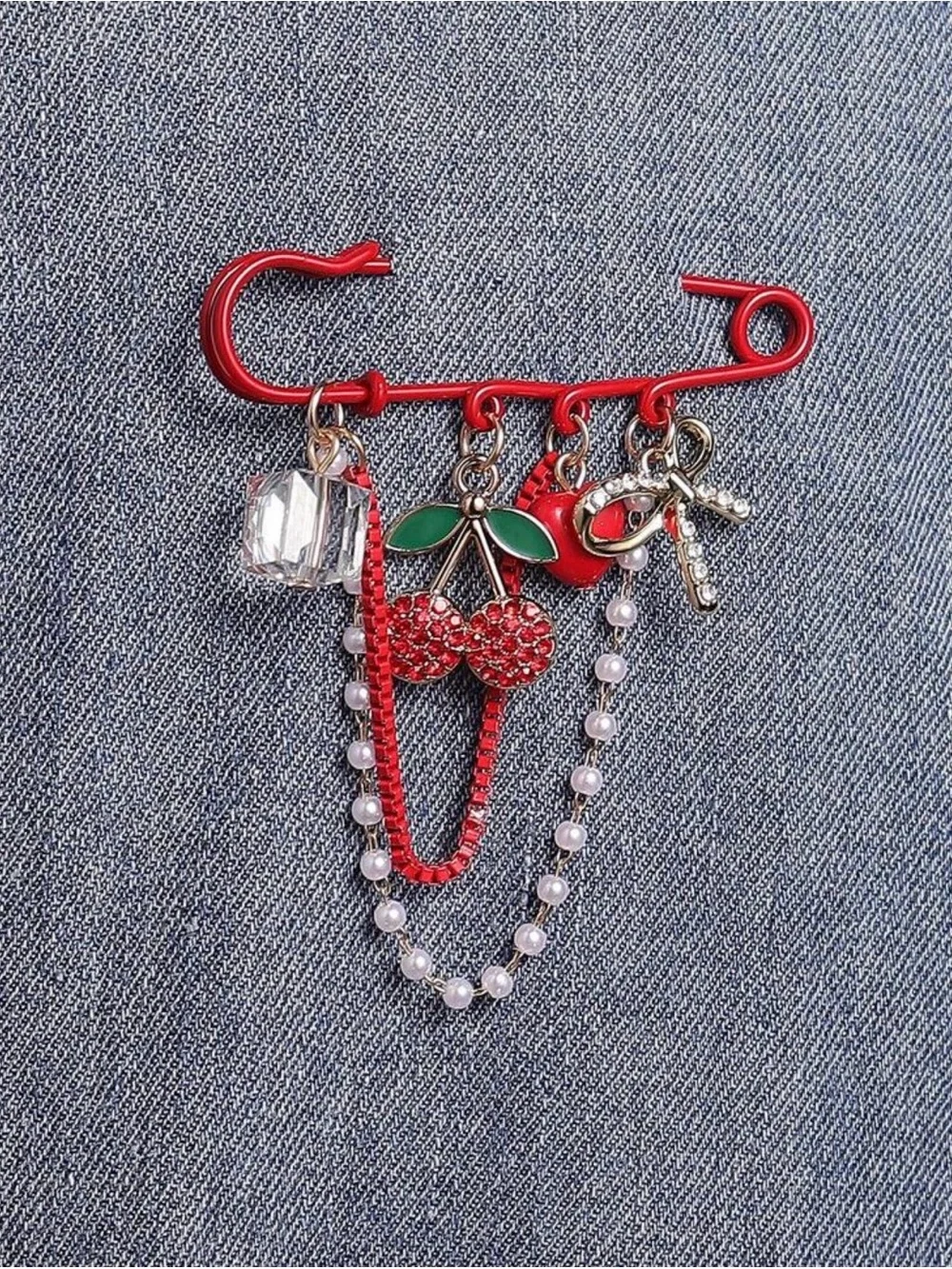 Multi Charm Red Safety Pearl Pin Brooch